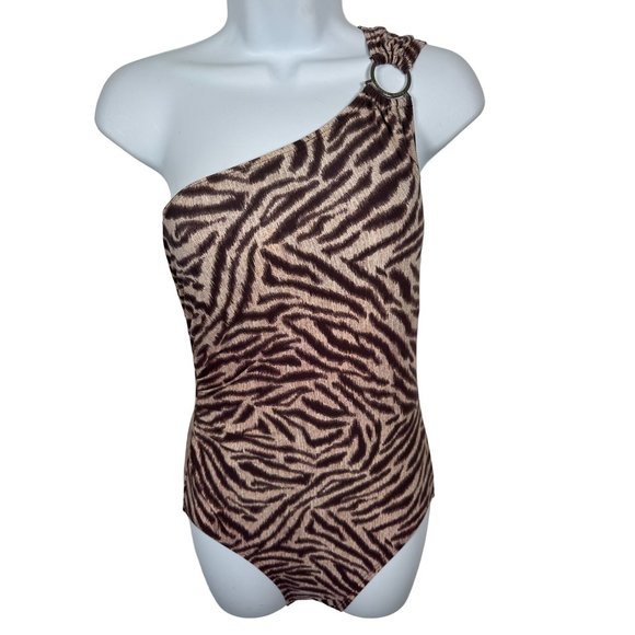 Michael Kors Size 8 Swimsuit Womens One Piece Animal Print One Shoulder Brown - Picture 1 of 14